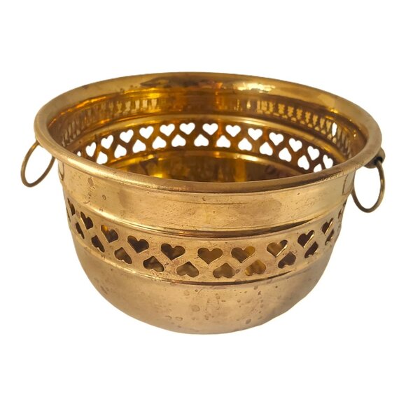 Vintage Solid Brass Planter Cache Pot Pierced Hearts Design 3.5”” H x 6” W - Picture 1 of 7